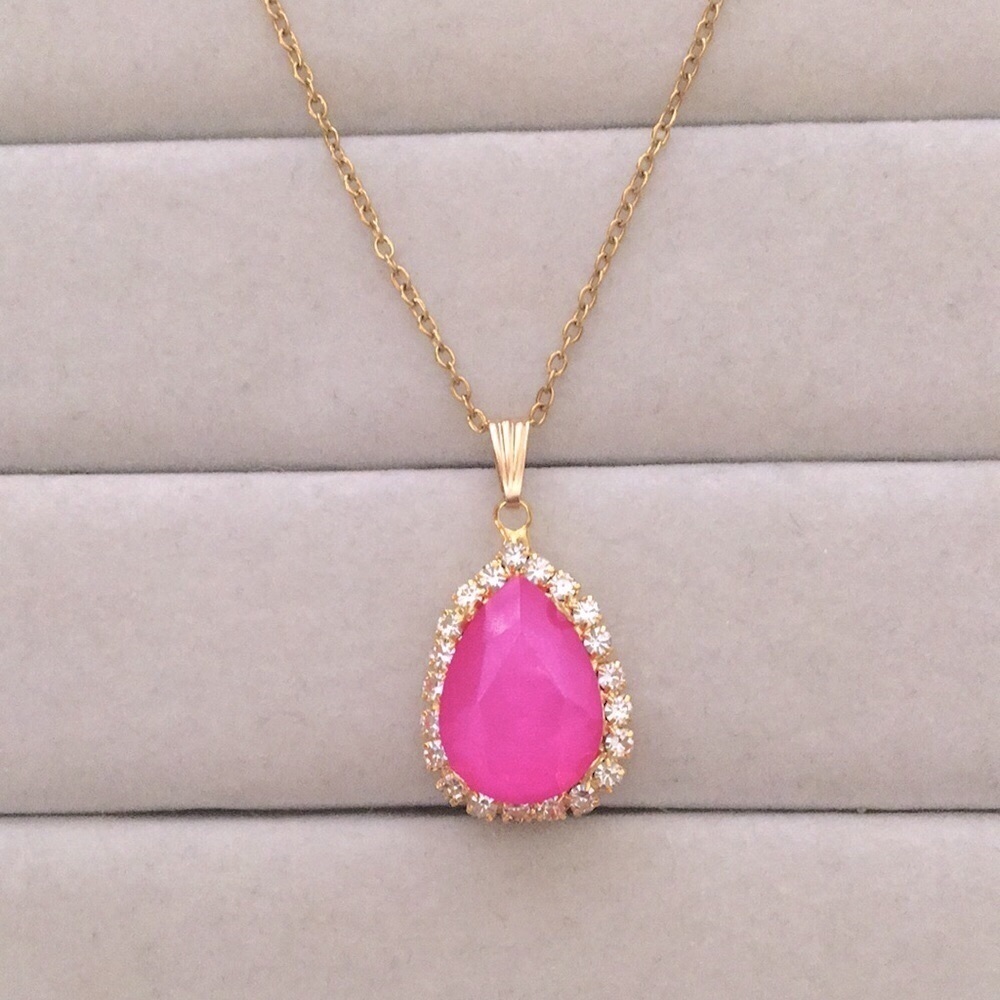 Hot Pink + Gold Crystal Halo Pear Drop Pendant Necklace - Picture 5 of 12